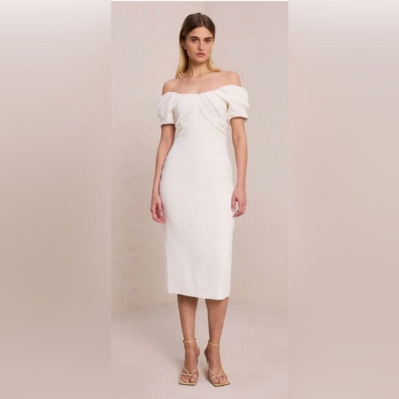 A.L.C Nora white off shoulder linen blend sheath midi dress size 0 - Picture 2 of 9